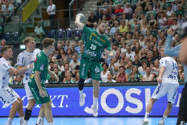04 09 2025, xtgx, Handball, Daikin HBL, SC DHfK Leipzig TBV Lemgo Lippe v l William Bogojevic Leipzig, 20 throws goal, Torschuetze, scores goal, Treffer, scores the goal Leipzig