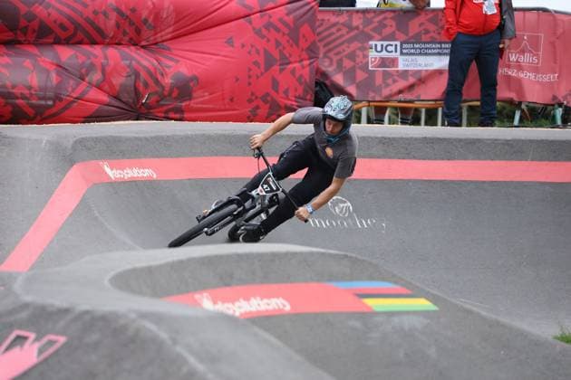 04 09 2025, Monthey, Monthey, 2025 UCI Mountain Bike World Championships, Luca Eckhardt GER during his seeding run at the Pump Track competition Monthey Monthey Valais Switzerland Copyright: xJustPictures.ch FrancescoxMinghettix jp-en-FrMi-MNG_1279