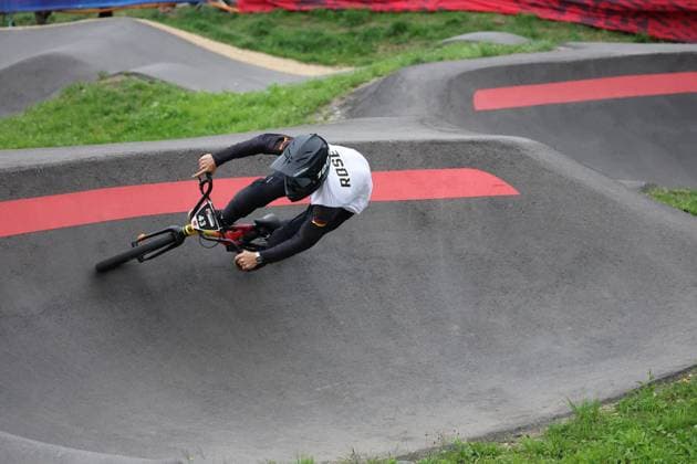 04 09 2025, Monthey, Monthey, 2025 UCI Mountain Bike World Championships, Fritz Rose GER during his seeding run at the Pump Track competition Monthey Monthey Valais Switzerland Copyright: xJustPictures.ch FrancescoxMinghettix jp-en-FrMi-MNG_1180