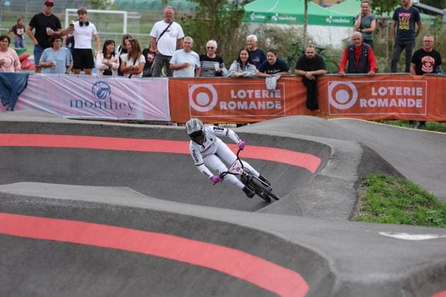 04 09 2025, Monthey, Monthey, 2025 UCI Mountain Bike World Championships, Anika Psyk GER during her seeding run at the Pump Track competition Monthey Monthey Valais Switzerland Copyright: xJustPictures.ch FrancescoxMinghettix jp-en-FrMi-MNG_0316