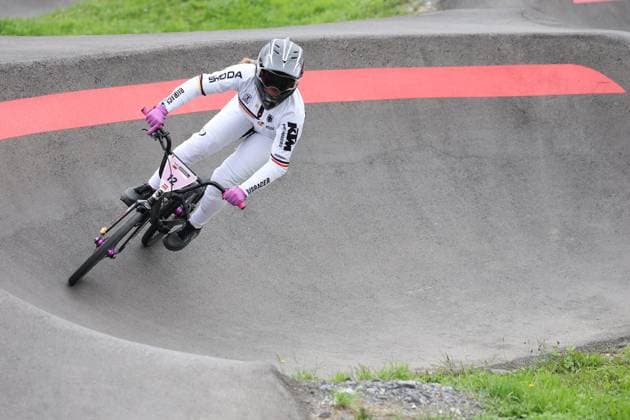 04 09 2025, Monthey, Monthey, 2025 UCI Mountain Bike World Championships, Anika Psyk GER during her seeding run at the Pump Track competition Monthey Monthey Valais Switzerland Copyright: xJustPictures.ch FrancescoxMinghettix jp-en-FrMi-MNG_0330