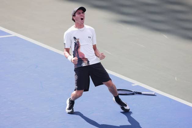 Ivan Ivanov BUL cheers after winning, cheers, joy, emotion, Boys Singles, Boys Singles, US Open Championships 2023, USTA Billie Jean King National Tennis Center, Flushing Meadows, New York, USA Copyright: xJuergenxHasenkopfx