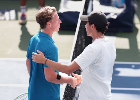 L R Max Schoenhaus congratulates the winner Ivan Ivanov BUL , Boys Singles, US Open Championships 2023, USTA Billie Jean King National Tennis Center, Flushing Meadows, New York, USA L R Max Schoenhaus congratulates the winner Ivan Ivanov BUL , Boys Singles, US Open Championships 2023, USTA Billie Jean King National Tennis Center, Flushing Meadows, New York, USA Copyright: xJuergenxHasenkopfx