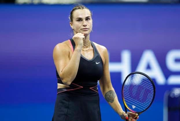Aryna Sabalenka of Belarus reacts after winning a point against Jessica Pegula in a Women s semifinal match at the 2025 US Open Tennis Championship at the USTA Billie Jean King National Tennis Center in New York City on Thursday, September 4, 2025.  NYP20250904805 JOHNxANGELILLO
