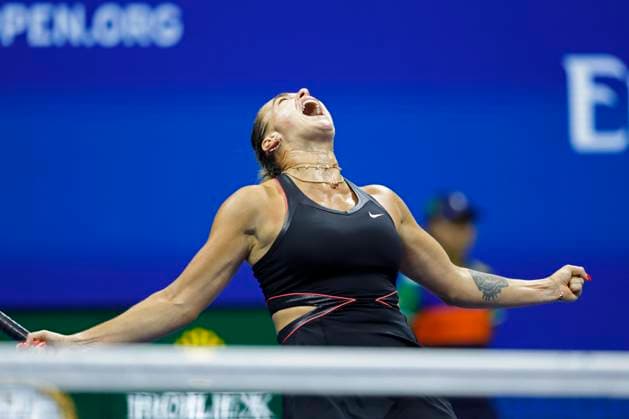 Aryna Sabalenka of Belarus reacts after defeating Jessica Pegula in a Women s semifinal match at the 2025 US Open Tennis Championship at the USTA Billie Jean King National Tennis Center in New York City on Thursday, September 4, 2025. Sabalenka won 4-6, 6-3, 6-4.  NYP20250904829 JOHNxANGELILLO