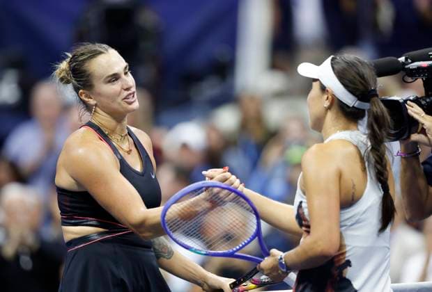 Aryna Sabalenka of Belarus (L) congratulates Jessica Pegula after defeating her in a Women s semifinal match at the 2025 US Open Tennis Championship at the USTA Billie Jean King National Tennis Center in New York City on Thursday, September 4, 2025. Sabalenka won 4-6, 6-3, 6-4.  NYP20250904831 JOHNxANGELILLO