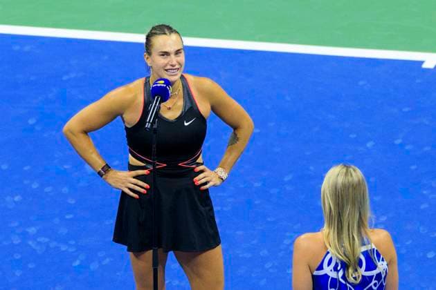 September 4, 2025, Flushing Meadows, New York, USA: Aryna Sabalenka is interviewed after winning her semifinal match against Jessica Pegula on Day 12 of the 2025 US Open at USTA Billie Jean King National Tennis Center on Thursday September 4, 2025 in the Flushing neighborhood of the Queens borough of New York City. JAVIER ROJAS PI Flushing Meadows USA - ZUMAp124 20250904_zaa_p124_008 Copyright: xJavierxRojasx