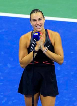 September 4, 2025, Flushing Meadows, New York, USA: Aryna Sabalenka is interviewed after winning her semifinal match against Jessica Pegula on Day 12 of the 2025 US Open at USTA Billie Jean King National Tennis Center on Thursday September 4, 2025 in the Flushing neighborhood of the Queens borough of New York City. JAVIER ROJAS PI Flushing Meadows USA - ZUMAp124 20250904_zaa_p124_009 Copyright: xJavierxRojasx