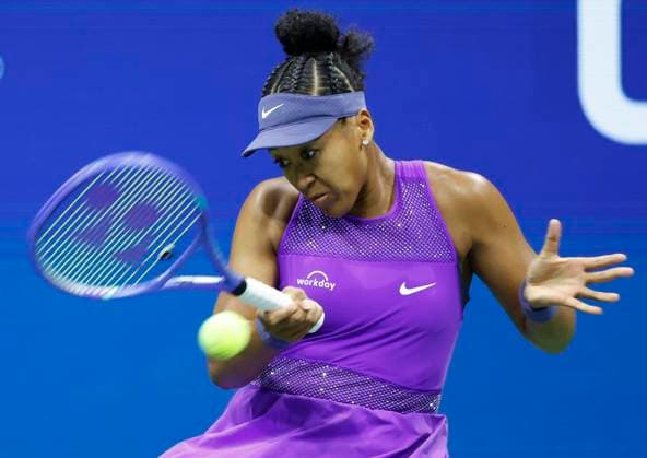 Naomi Osaka of Japan hits a return to Amanda Anisimova in the 1st set in a Women s semifinal match at the 2025 US Open Tennis Championship at the USTA Billie Jean King National Tennis Center in New York City on Thursday, September 4, 2025.  NYP20250904911 JOHNxANGELILLO