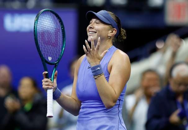 Amanda Anisimova reacts after defeating Naomi Osaka of Japan in a Women s semifinal match at the 2025 US Open Tennis Championship at the USTA Billie Jean King National Tennis Center in New York City on Thursday, September 4, 2025. Anisimova won the match 6-7, 7-6, 6-3 and will face Aryna Sabalenka of Belarus in the finals on Saturday.  NYP20250904930 JOHNxANGELILLO