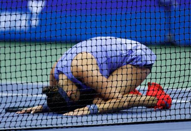 Amanda Anisimova reacts after defeating Naomi Osaka of Japan in a Women s semifinal match at the 2025 US Open Tennis Championship at the USTA Billie Jean King National Tennis Center in New York City on Thursday, September 4, 2025. Anisimova won the match 6-7, 7-6, 6-3 and will face Aryna Sabalenka of Belarus in the finals on Saturday.  NYP20250904937 JOHNxANGELILLO