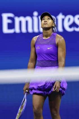Tennis: U.S. Open Naomi Osaka of Japan reacts after losing to Amanda Anisimova of the United States in the women s singles semifinals at the U.S. Open tennis tournament in New York in the early hours of Sept. 5, 2025.  A14AA0004821826P