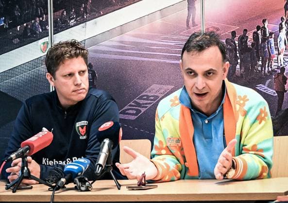 05 09 2025, xlakx, Handball Daikin HBL,Press conference Fuechse Berlin v l Press conference with Fuechse managing director Bob Hanning and the new coach Nicolej Kricka Berlin Daniel Lakomski
