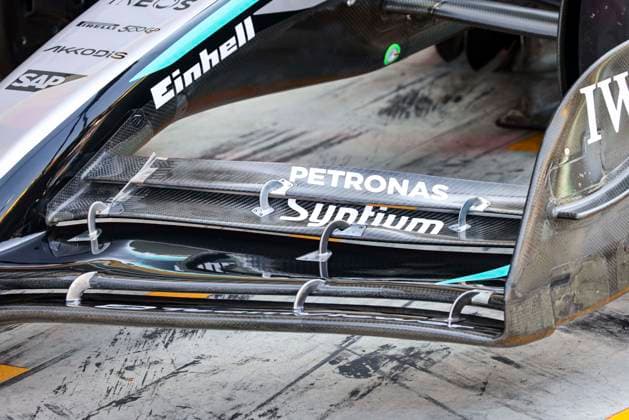 F1 - ITALIAN GRAND PRIX 2025 Mercedes AMG F1 Team W16, mechanical detail front wing aerodynamism, aerodynamic, aerodynamics during the 2025 Formula 1 Pirelli Grand Premio d™Italia, 2025 Italian Grand Prix, 16th round of the 2025 FIA Formula One World Championship, WM, Weltmeisterschaft from September 5 to 7, 2025 on the Autodromo Nazionale Monza, in Monza, Italy - MonzaItaly  Copyright: xXavixBonillax
