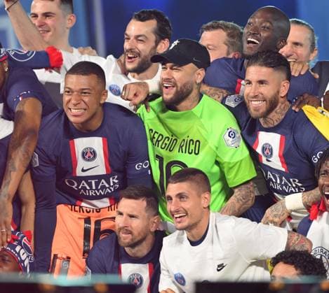 PSG vs Clermont Foot - French Ligue 1 PARIS, FRANCE - JUNE 03: Kylian Mbappe (Center left), Lionel Messi (left), Sergio Ramos (center right) and Neymar (center) of Paris Saint - Germain attend during the 2022-2023 Ligue 1 championship trophy ceremony following the L1 soccer match between Paris Saint-Germain (PSG) and Clermont Foot 63 at Parc des Princes Stadium in Paris, France on June 03, 2023. Ile-de-France France. Editorial use only. Please get in touch for any other usage.  Copyright: x2025xAnadoluxMustafaxYalcinx