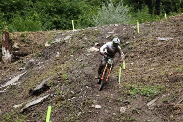 05 09 2025, ChampÃ ry, ChampÃ ry 2025 UCI Mountain Bike World Championships, Maksimilijonas Saudargas LTU during the Junior Men s Downhill qualification ChampÃ ry Grand Paradis Valais Switzerland Copyright: xJustPictures.ch FrancescoxMinghettix jp-en-FrMi-MNG_2563