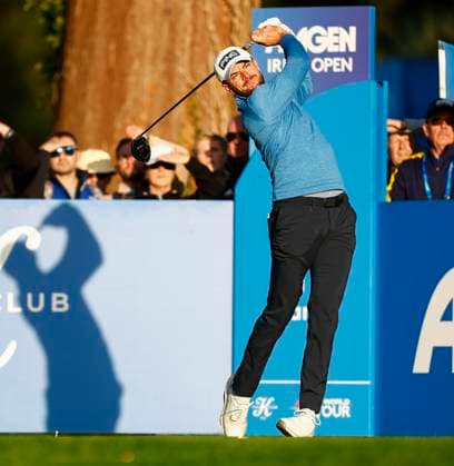 5th September 2025; The K Club, Straffan, County Kildare, Ireland: Amgen Irish Open Golf Second Round; Laurie Canter of England tees off on the 10th hole  PeterxFitzpatrick