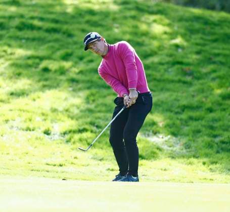 5th September 2025; The K Club, Straffan, County Kildare, Ireland: Amgen Irish Open Golf Second Round; Thorbjorn Olesen of Denmark chips his second shot onto the 1st green  PeterxFitzpatrick
