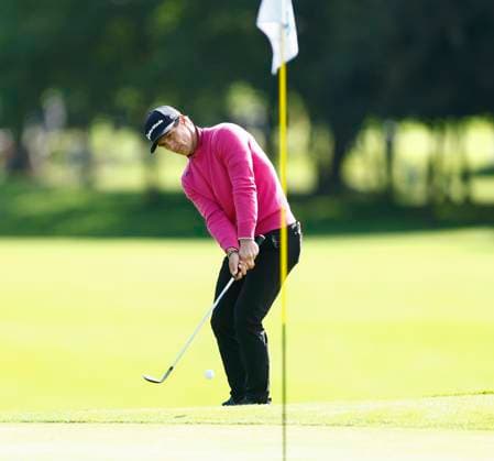 5th September 2025; The K Club, Straffan, County Kildare, Ireland: Amgen Irish Open Golf Second Round; Thorbjorn Olesen of Denmark chips his third shot onto the 2nd green  PeterxFitzpatrick