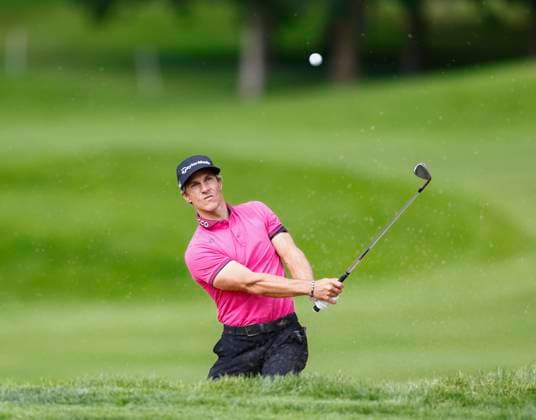 5th September 2025; The K Club, Straffan, County Kildare, Ireland: Amgen Irish Open Golf Second Round; Thorbjorn Olesen of Denmark plays his third shot from the 4th green side bunker  PeterxFitzpatrick