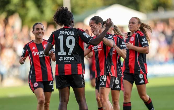 DEU, Frankfurt, Eintracht Frankfurt vs SGS Essen, Google Pixel Frauen Bundesliga DFB, Saison 2526, Stadion am Bretanobad, 1 Spieltag, im Bild Nicole Anyomi Eintracht Frankfurt 19 erzielt das Tor zum 1 0, Jubel DFB DFL REGULATIONS PROHIBIT ANY USE OF PHOTOGRAPHS AS IMAGE SEQUENCES AND OR QUASI VIDEO, 05 09 2025, Copyright: HMBxMedia HendrikxHamelau