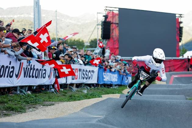 2025 UCI Mountain Bike World Championships Picture by Alex Whitehead SWpix.com - 05 09 2025 - Cycling - 2025 UCI Mountain Bike World Championships - Pump Track - Monthey, Valais, Switzerland - Men Elite Pump Track - Semi Final - Tristan Borel (Switzerland) Copyright: x xSWpix.comx(t axPhotographyxHubxLtd)xAlexxWhitehead SWpix.comx SWP-3030-1768