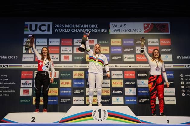 2025 UCI Mountain Bike World Championships Picture by Alex Whitehead SWpix.com - 05 09 2025 - Cycling - 2025 UCI Mountain Bike World Championships - Pump Track - Monthey, Valais, Switzerland - Women Elite Pump Track Podium - Sabina KoÅ¡arkova (Czechia) receiving the Gold Medal to become World Champion, Christa von Niederhäusern (Switzerland) receiving the Silver Medal and Alina Beck (Germany) receiving the Bronze Medal Copyright: x xSWpix.comx(t axPhotographyxHubxLtd)xAlexxWhitehead SWpix.comx SWP-3030-1848