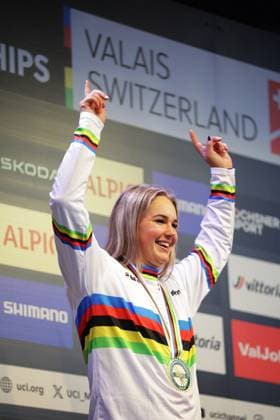 2025 UCI Mountain Bike World Championships Picture by Ed Sykes SWpix.com - 05 09 2025 - Cycling - 2025 UCI Mountain Bike World Championships - Pump Track - Monthey, Valais, Switzerland - Women Elite Pump Track Podium - Sabina KoÅ¡arkova (Czechia) receiving the Gold Medal to become World Champion Copyright: x xSWpix.comx(t axPhotographyxHubxLtd)xEdxSykes SWpix.comx SWP-3030-1859