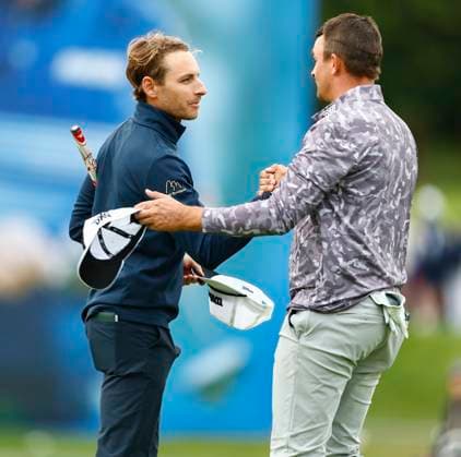 5th September 2025; The K Club, Straffan, County Kildare, Ireland: Amgen Irish Open Golf Second Round; Joakim Lagergren of Sweden after finishing shakes hands with Christiaan Bezuidenhout of South Africa  PeterxFitzpatrick