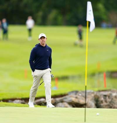 5th September 2025; The K Club, Straffan, County Kildare, Ireland: Amgen Irish Open Golf Second Round; Rory McIlroy of Northern Ireland walks up to the 18th green  PeterxFitzpatrick