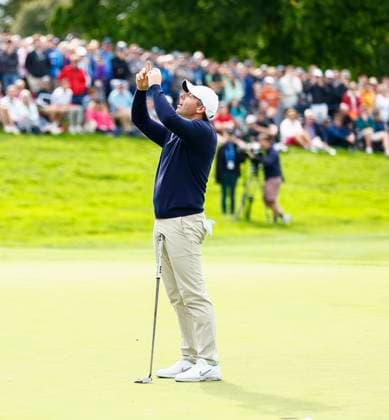 5th September 2025; The K Club, Straffan, County Kildare, Ireland: Amgen Irish Open Golf Second Round; Rory McIlroy of Northern Ireland reacts to a missed putt on the 12th green  PeterxFitzpatrick
