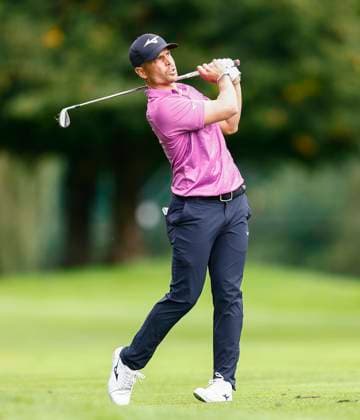 5th September 2025; The K Club, Straffan, County Kildare, Ireland: Amgen Irish Open Golf Second Round; Adrien Saddier of France hits his second shot from the 16th fairway  PeterxFitzpatrick