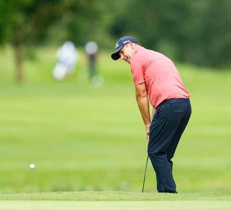 5th September 2025; The K Club, Straffan, County Kildare, Ireland: Amgen Irish Open Golf Second Round; Padraig Harrington of Ireland chips onto the 16th green  PeterxFitzpatrick