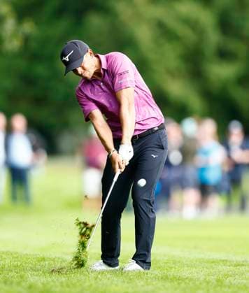 5th September 2025; The K Club, Straffan, County Kildare, Ireland: Amgen Irish Open Golf Second Round; Adrien Saddier of France plays his second shot from the 17th rough  PeterxFitzpatrick