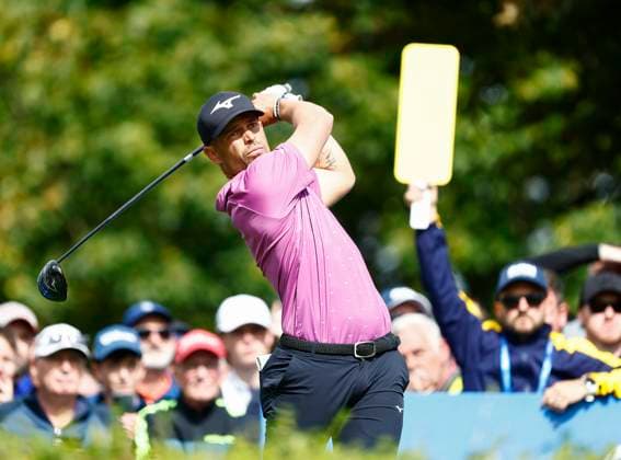 5th September 2025; The K Club, Straffan, County Kildare, Ireland: Amgen Irish Open Golf Second Round; Adrien Saddier of France tees off on the 7th hole  PeterxFitzpatrick