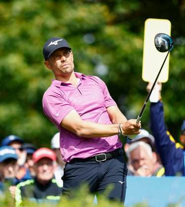 5th September 2025; The K Club, Straffan, County Kildare, Ireland: Amgen Irish Open Golf Second Round; Adrien Saddier of France watches his tee shot on the 7th hole  PeterxFitzpatrick