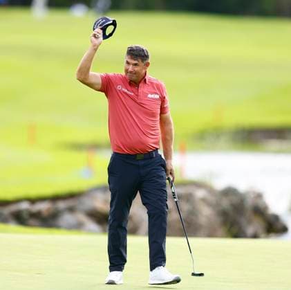 5th September 2025; The K Club, Straffan, County Kildare, Ireland: Amgen Irish Open Golf Second Round; Padraig Harrington of Ireland after sinking a putt to finish his round on the 18th hole  PeterxFitzpatrick