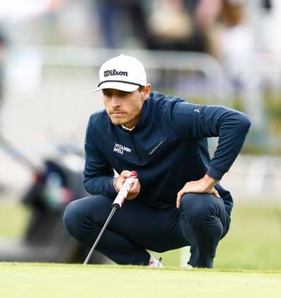 5th September 2025; The K Club, Straffan, County Kildare, Ireland: Amgen Irish Open Golf Second Round; Joakim Lagergren of Sweden lines up his putt on the 9th green  PeterxFitzpatrick