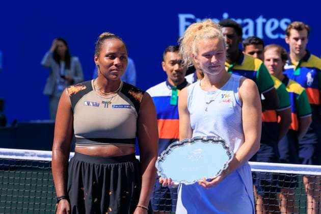 September 5, 2025, Flushing Meadows, New York, USA: Taylor Townsend and Katerina Siniakova pose during the trophy presentation after losing the WomenÃ¢â‚¬â ¢s Doubles Final match against Gabriela Dabrowski (R) and Erin Routliffe on Day 13 of the 2025 US Open at USTA Billie Jean King National Tennis Center on Friday September 5, 2025 in the Flushing neighborhood of the Queens borough of New York City. JAVIER ROJAS PI Flushing Meadows USA - ZUMAp124 20250905_zaa_p124_031 Copyright: xJavierxRojasx