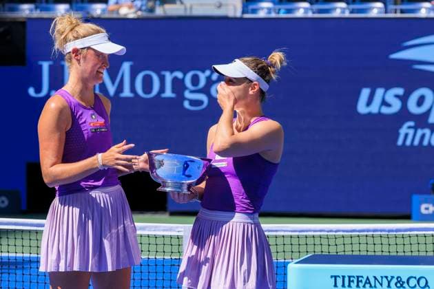 September 5, 2025, Flushing Meadows, New York, USA: Gabriela Dabrowski (R) and Erin Routliffe react during the trophy presentation after winning the WomenÃ¢â‚¬â ¢s Doubles Final match against Katerina Siniakova and Taylor Townsend on Day 13 of the 2025 US Open at USTA Billie Jean King National Tennis Center on Friday September 5, 2025 in the Flushing neighborhood of the Queens borough of New York City. JAVIER ROJAS PI Flushing Meadows USA - ZUMAp124 20250905_zaa_p124_032 Copyright: xJavierxRojasx