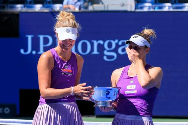September 5, 2025, Flushing Meadows, New York, USA: Gabriela Dabrowski (R) and Erin Routliffe react during the trophy presentation after winning the WomenÃ¢â‚¬â ¢s Doubles Final match against Katerina Siniakova and Taylor Townsend on Day 13 of the 2025 US Open at USTA Billie Jean King National Tennis Center on Friday September 5, 2025 in the Flushing neighborhood of the Queens borough of New York City. JAVIER ROJAS PI Flushing Meadows USA - ZUMAp124 20250905_zaa_p124_033 Copyright: xJavierxRojasx