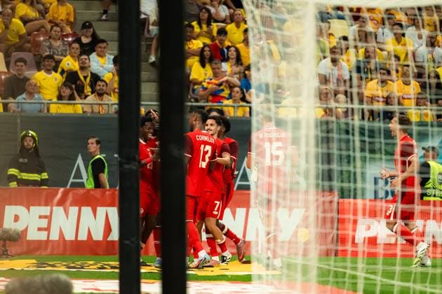 Romania v Canada International Friendly, Länderspiel, Nationalmannschaft Match BUCHAREST, ROMANIA, SEPTEMBER 5, 2025 Romania v Canada Jonathan David celebrating the 0-1 goal against Romania at the National Arena in Bucharest. Copyright: xVLADxBEREHOLSCHIx