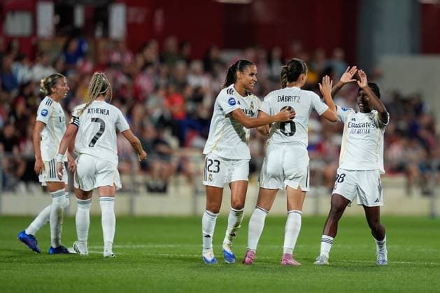 September 5, 2025, Madrid, Madrid, Spain: Sara Dabritz of Real Madrid celebrates a goal with teammates during the Spanish Women League, Liga F, football match played between Atletico de Madrid and Real Madrid at Centro Deportivo Alcala de Henares on September 5, 2025 in Madrid, Spain. Madrid Spain - ZUMAa181 20250905_zaa_a181_083 Copyright: xDennisxAgyemanx