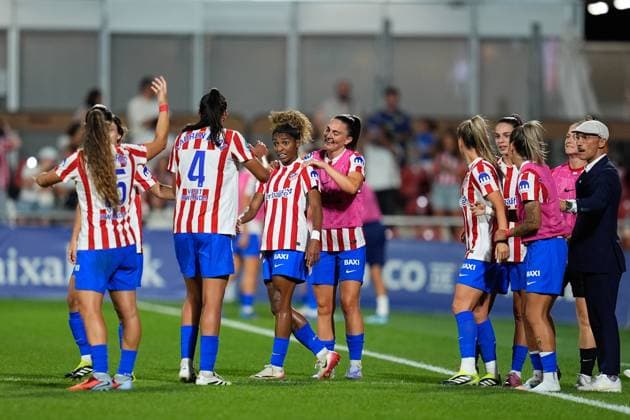September 5, 2025, Madrid, Madrid, Spain: Luany Vitoria of Atletico Madrid celebrates a goal with teammates during the Spanish Women League, Liga F, football match played between Atletico de Madrid and Real Madrid at Centro Deportivo Alcala de Henares on September 5, 2025 in Madrid, Spain. Madrid Spain - ZUMAa181 20250905_zaa_a181_097 Copyright: xDennisxAgyemanx