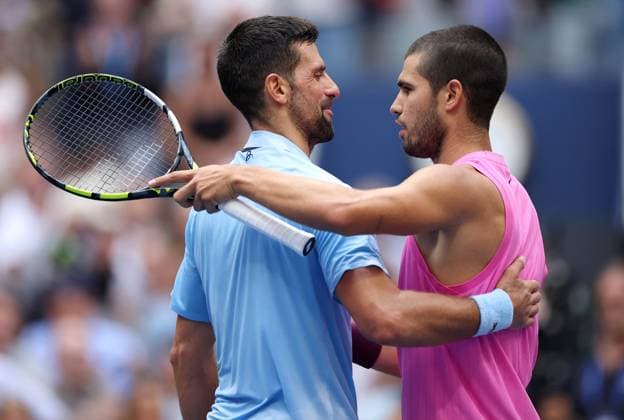 Carlos Alcaraz of Spain hugs Novak Djokovic 2025 US Open, Day Thirteen, USTA Billie Jean King National Tennis Center, New York, USA - 05 Sept 2025New York USTA Billie Jean King National T New York (NY) United States of America  Copyright: xEllaxLing Shutterstockx 15467790o