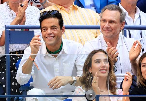 Rami Malek (L) and Christian Slater watch Novak Djokovic of Serbia play Carlos Alcaraz of Spain in a Men s semifinal match at the 2025 US Open Tennis Championship at the USTA Billie Jean King National Tennis Center in New York City on Friday, September 5, 2025.  NYP20250905936 JOHNxANGELILLO