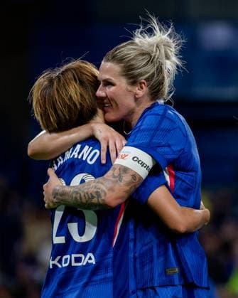 London, England, September 05 2025: Maika Hamano (23 Chelsea) celebrates goal with Millie Bright (4 Chelsea) during the Womens Super League game between Chelsea and Manchester City at Stamford Bridge in London, England. (Photo by Pedro Porru Sports Press Photo SPP) Copyright: xPedroxPorrux xSPPx Sportspressphoto_SPR20699