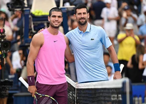 L R Carlos Alcaraz ESP and Novak Djokovic SRB pose for a photo before the start of the match, US Open Championships 2023, USTA Billie Jean King National Tennis Center, Flushing Meadows, New York, USA L R Felix Auger Aliassime CAN and Jannik Sinner ITA pose for a photo before the start of the match, US Open Championships 2023, USTA Billie Jean King National Tennis Center, Flushing Meadows, New York, USA Copyright: xJuergenxHasenkopfx
