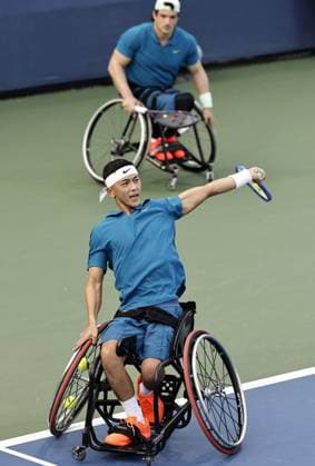 Tennis: U.S. Open Tokito Oda (front) of Japan and Gustavo Fernandez of Argentina play against Alfie Hewett and Gordon Reid, both of Britain, in the men s wheelchair doubles final at the U.S. Open tennis tournament in New York on Sept. 5, 2025.  A14AA0004824549P