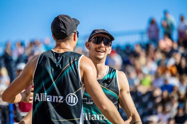 Beach volleyball I German Championships 2025 I Timmendorfer Strand I Day 3 I 06 09 2025 Sven Winter Eintracht Spontent and Lukas Pfretzschner Eintracht Spontent are happy about a point Timmendorfer Strand Schleswig Holstein Germany Copyright: xLobeca JasperxLorenzx